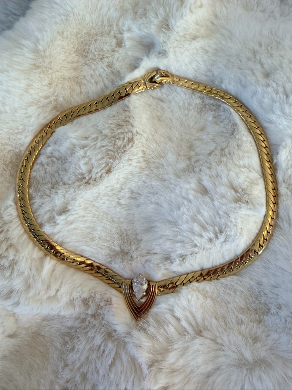 Vintage Gold Tone Women's V-Shaped Statement Necklace with Clear Stone